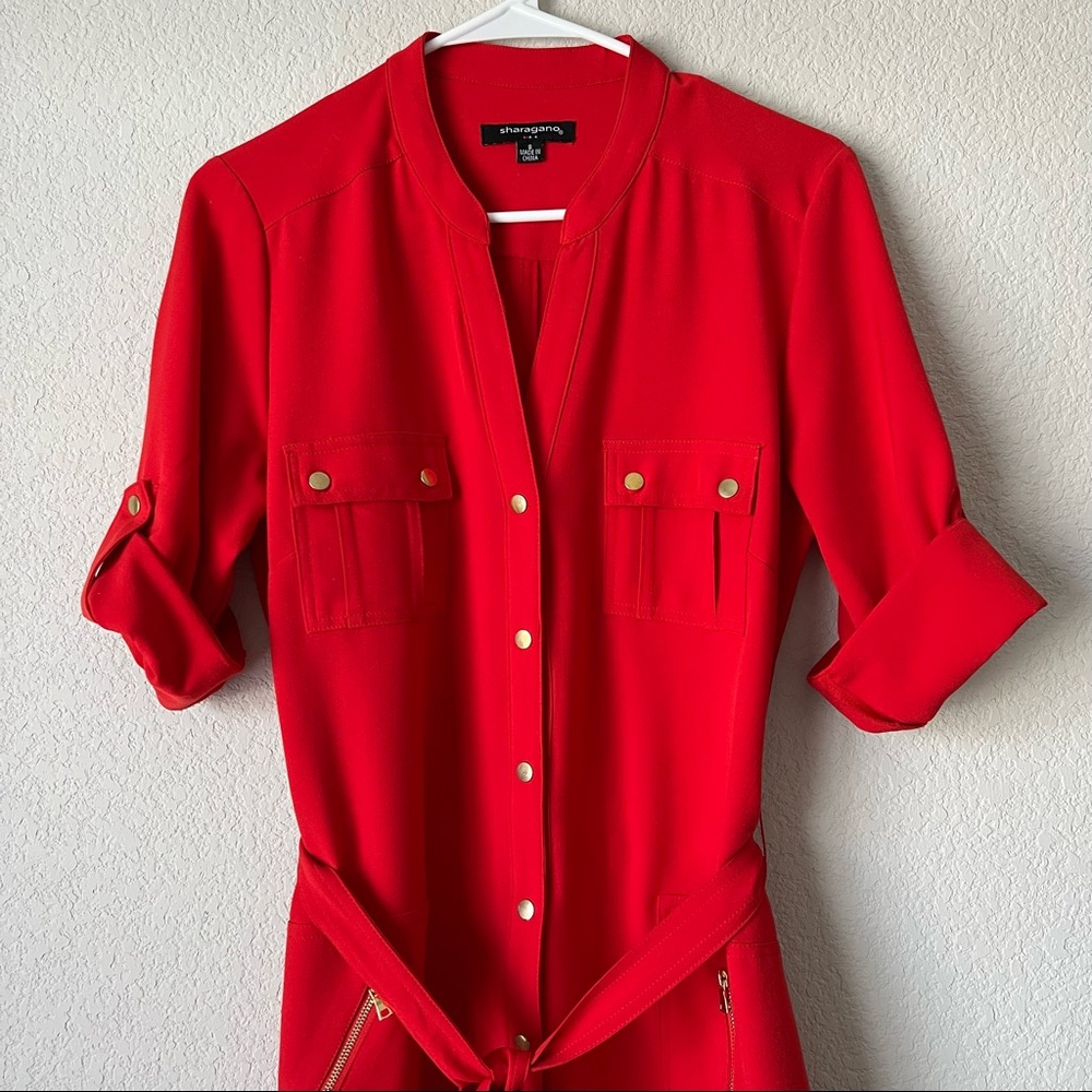 Sharagano Red Button down dress with a removable waist belt size 8